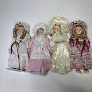 Vintage Porcelain Doll Lot of 4 Victorian Lace Dress Bonnet 9" Collectible